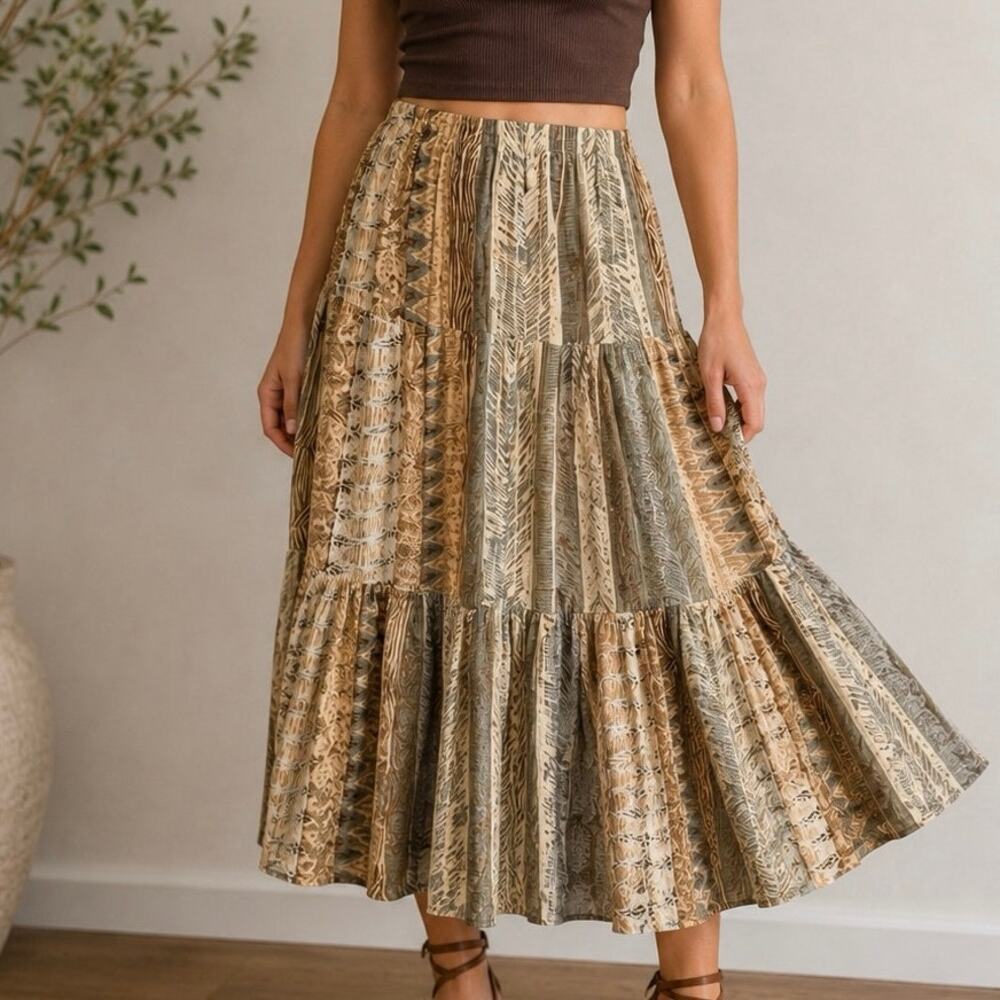 Vintage Petites Earthy Crinkle Rayon Tiered Patchwork Boho Maxi Skirt Festival
